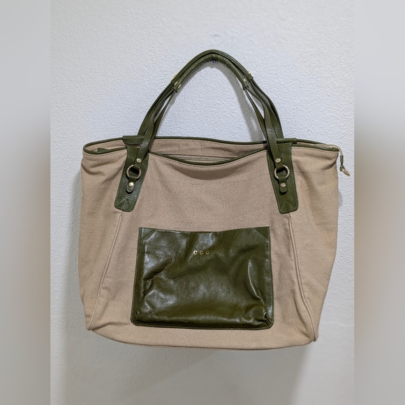 BOULEVARD Canvas Tote Bag with Olive Green Genuine Leather Accents - Picture 1 of 16